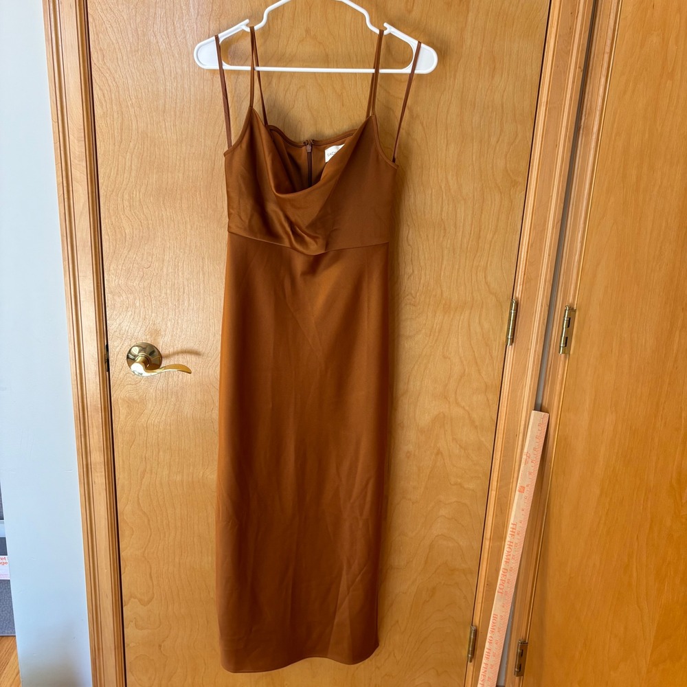 Sachin & Babi Midi Dress Women 2 Copper Satin Cowl Neck Spaghetti Strap Slit